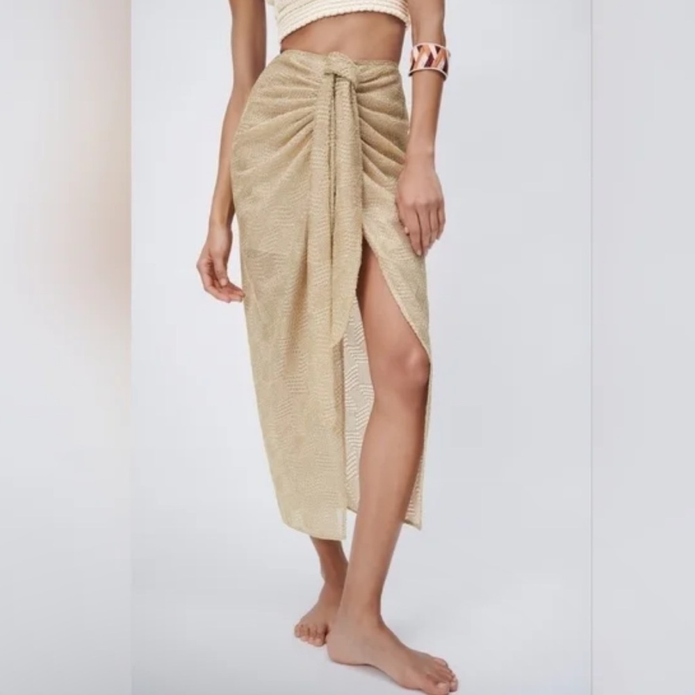 Zara Cream Tan Wrap Midi Skirt with Ruched Tie Front
